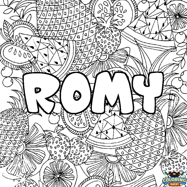 Coloring page first name ROMY - Fruits mandala background