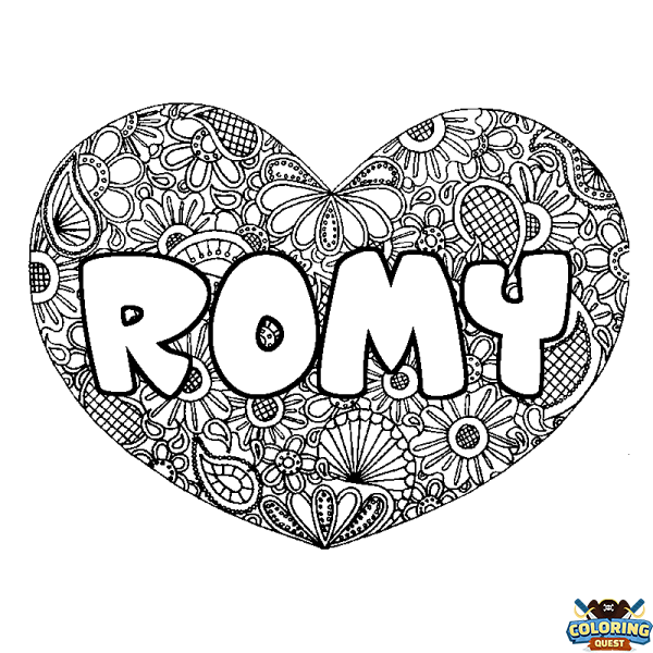 Coloring page first name ROMY - Heart mandala background