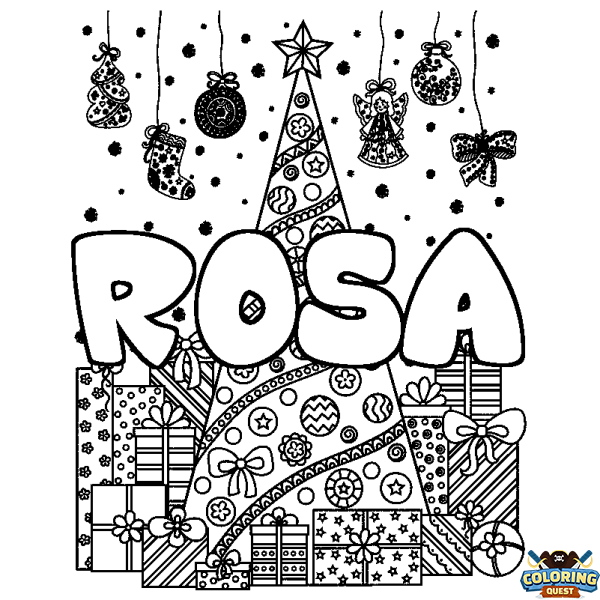 Coloring page first name ROSA - Christmas tree and presents background