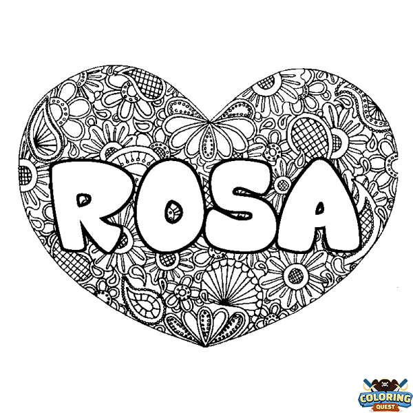 Coloring page first name ROSA - Heart mandala background