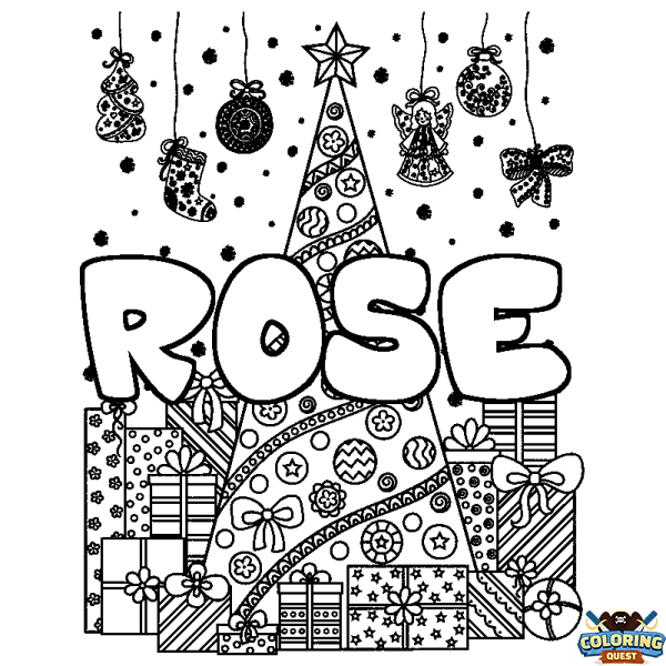 Coloring page first name ROSE - Christmas tree and presents background