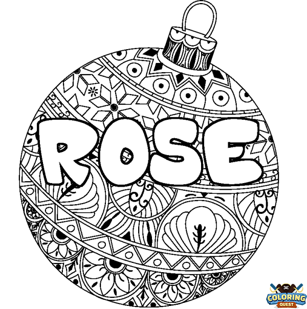Coloring page first name ROSE - Christmas tree bulb background