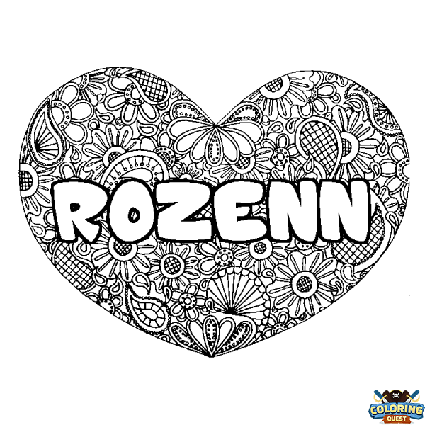 Coloring page first name ROZENN - Heart mandala background