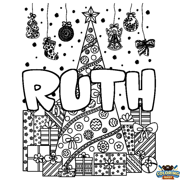 Coloring page first name RUTH - Christmas tree and presents background
