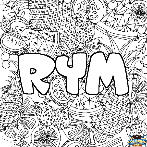 Coloring page first name RYM - Fruits mandala background