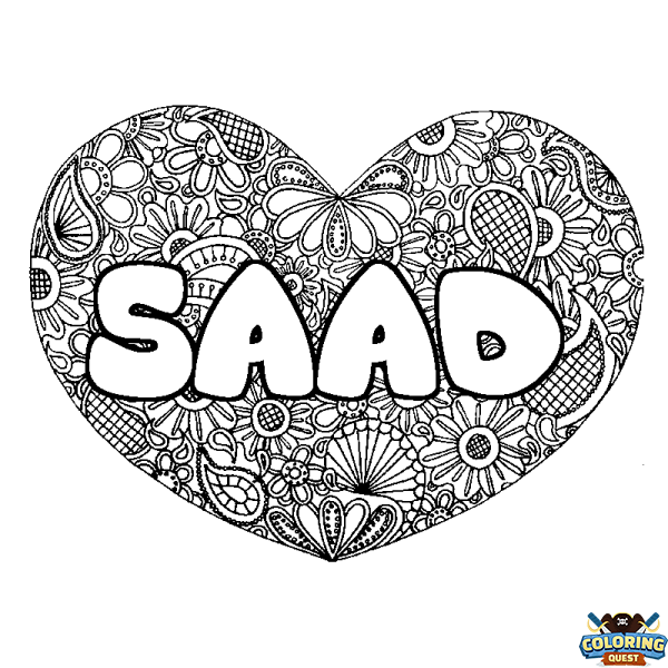 Coloring page first name SAAD - Heart mandala background