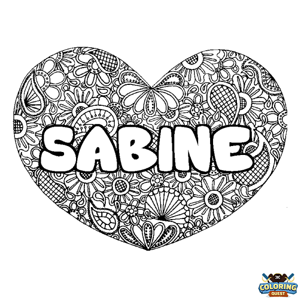 Coloring page first name SABINE - Heart mandala background