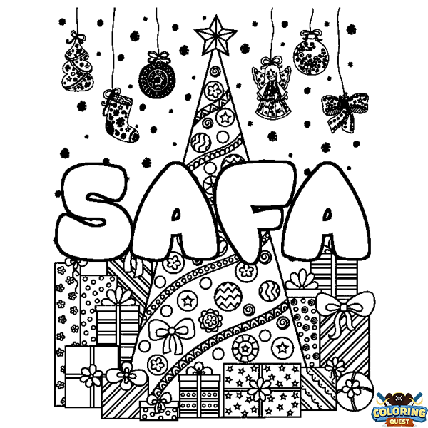 Coloring page first name SAFA - Christmas tree and presents background