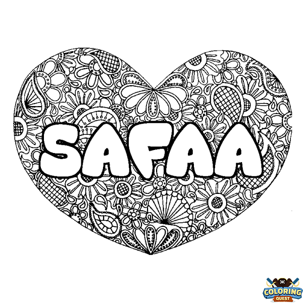 Coloring page first name SAFAA - Heart mandala background