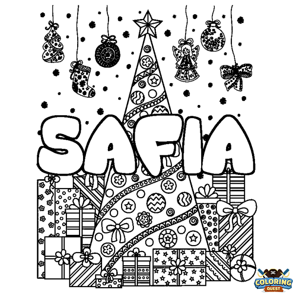 Coloring page first name SAFIA - Christmas tree and presents background