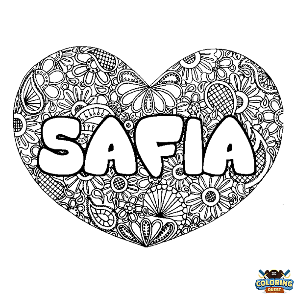 Coloring page first name SAFIA - Heart mandala background