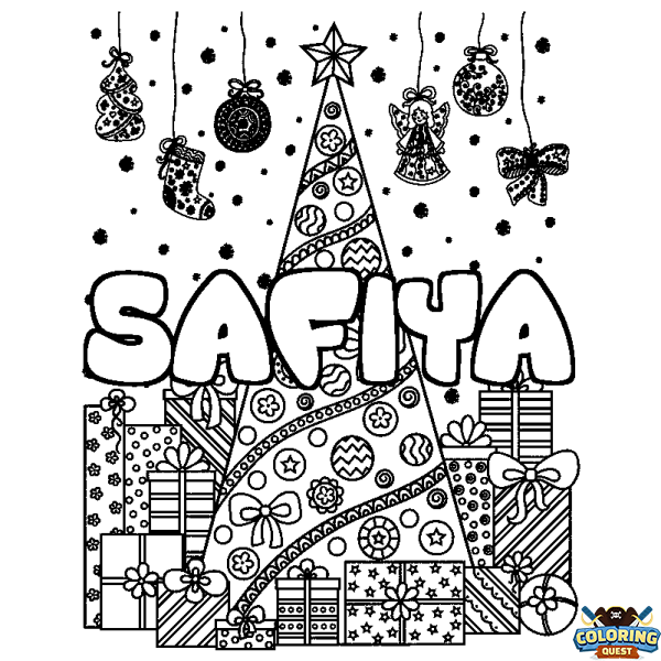 Coloring page first name SAFIYA - Christmas tree and presents background