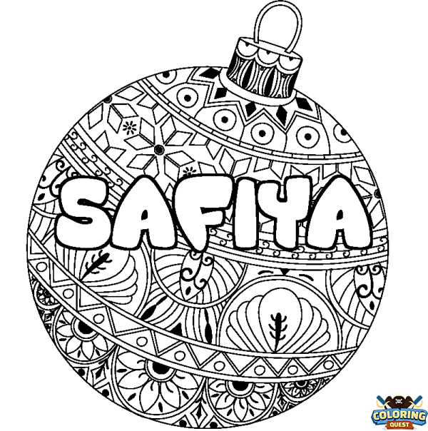 Coloring page first name SAFIYA - Christmas tree bulb background