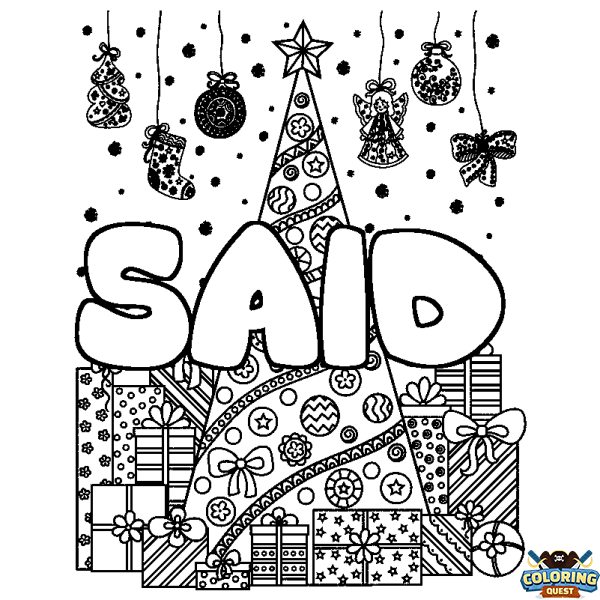 Coloring page first name SAID - Christmas tree and presents background