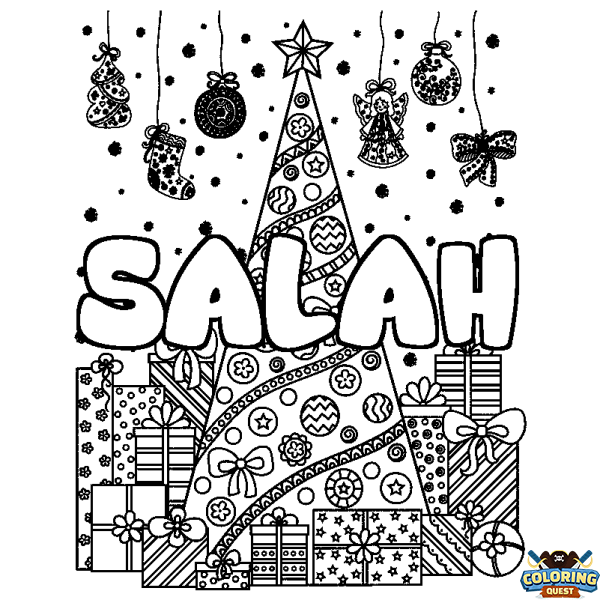 Coloring page first name SALAH - Christmas tree and presents background