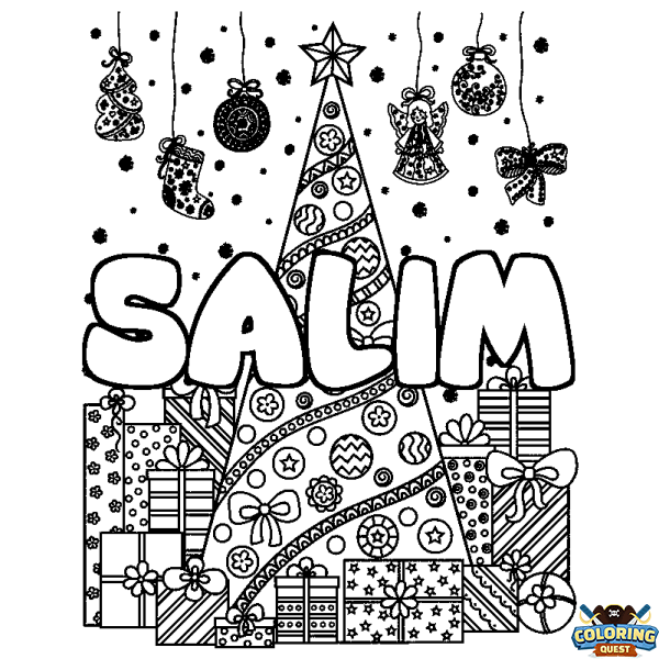 Coloring page first name SALIM - Christmas tree and presents background