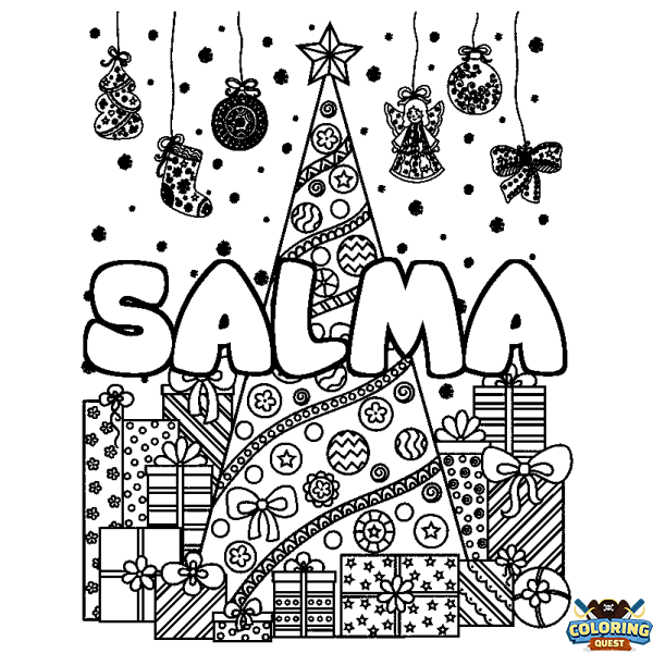 Coloring page first name SALMA - Christmas tree and presents background