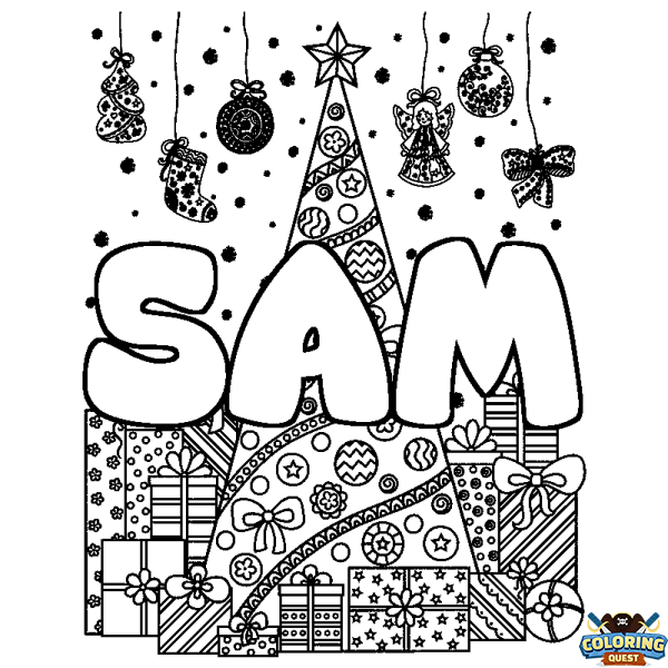 Coloring page first name SAM - Christmas tree and presents background