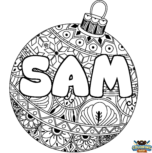 Coloring page first name SAM - Christmas tree bulb background