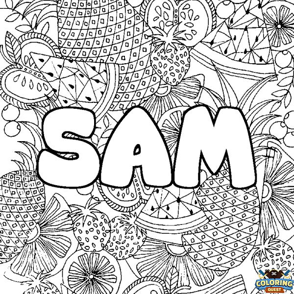 Coloring page first name SAM - Fruits mandala background