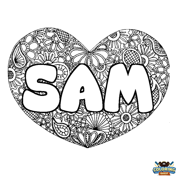 Coloring page first name SAM - Heart mandala background