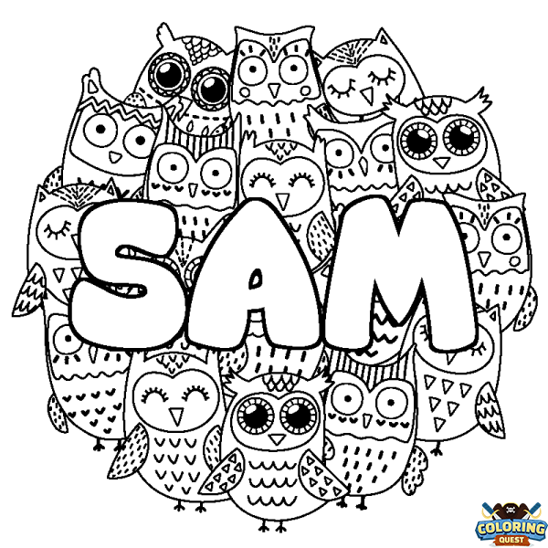 Coloring page first name SAM - Owls background