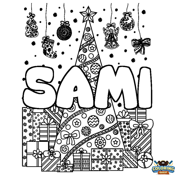 Coloring page first name SAMI - Christmas tree and presents background