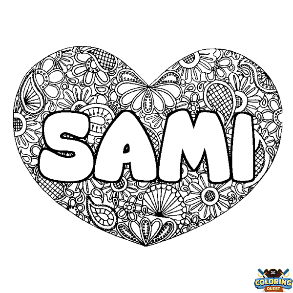 Coloring page first name SAMI - Heart mandala background