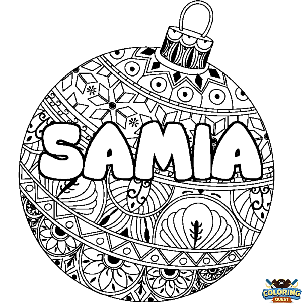 Coloring page first name SAMIA - Christmas tree bulb background