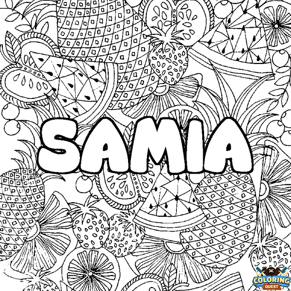 Coloring page first name SAMIA - Fruits mandala background