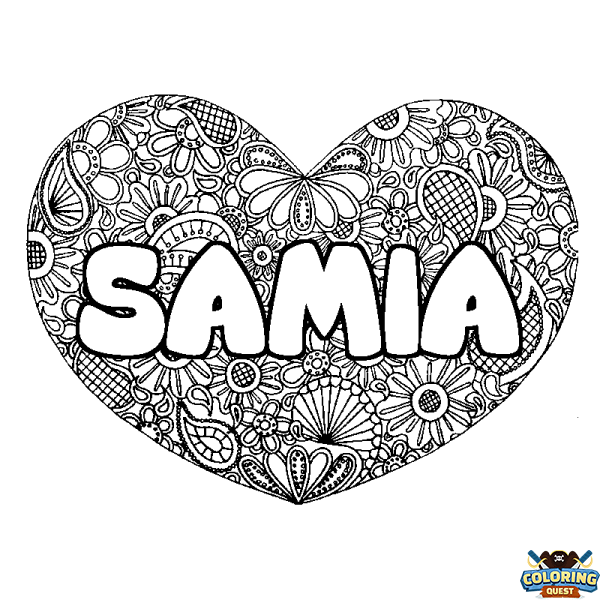 Coloring page first name SAMIA - Heart mandala background