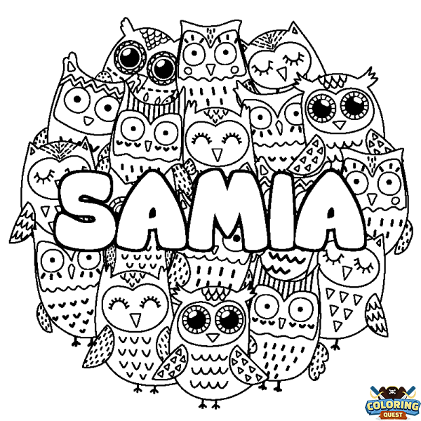Coloring page first name SAMIA - Owls background