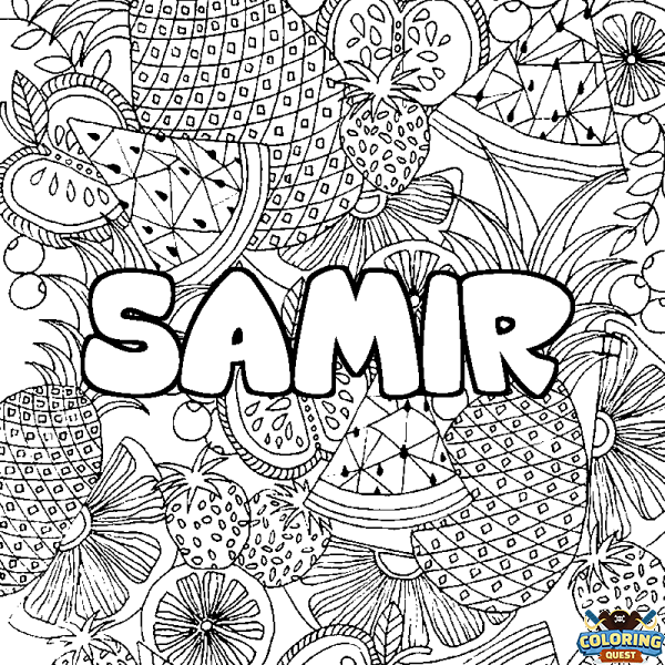 Coloring page first name SAMIR - Fruits mandala background
