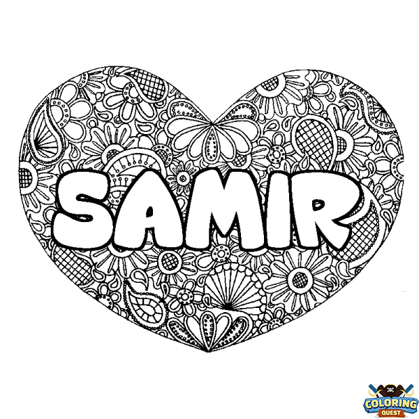 Coloring page first name SAMIR - Heart mandala background