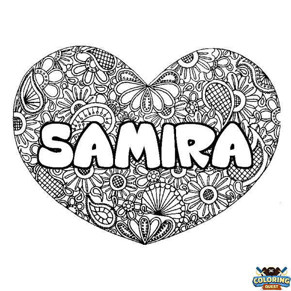 Coloring page first name SAMIRA - Heart mandala background