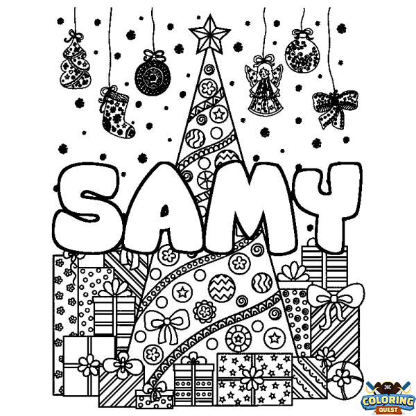 Coloring page first name SAMY - Christmas tree and presents background