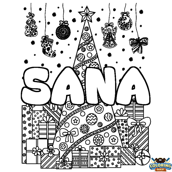 Coloring page first name SANA - Christmas tree and presents background