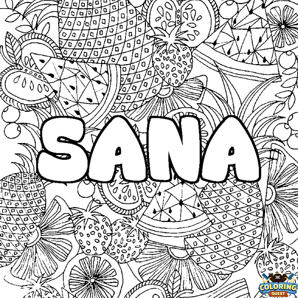 Coloring page first name SANA - Fruits mandala background