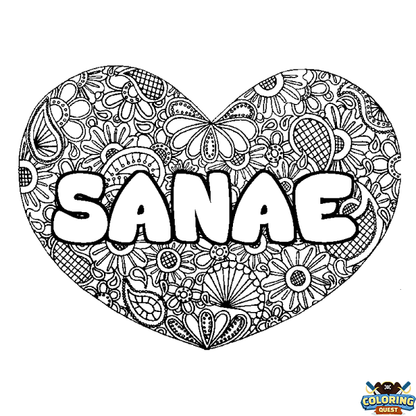 Coloring page first name SANAE - Heart mandala background