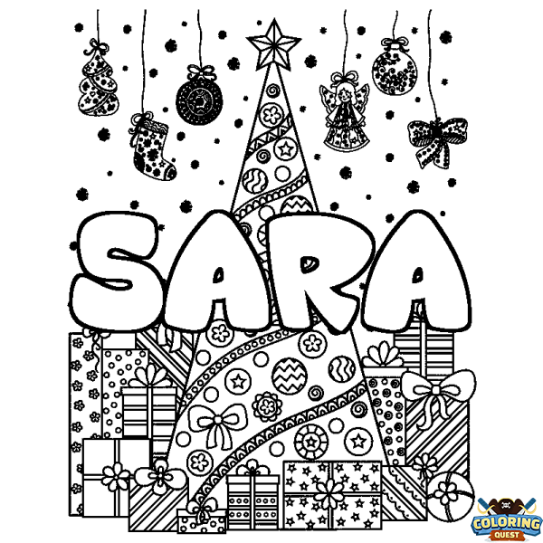 Coloring page first name SARA - Christmas tree and presents background