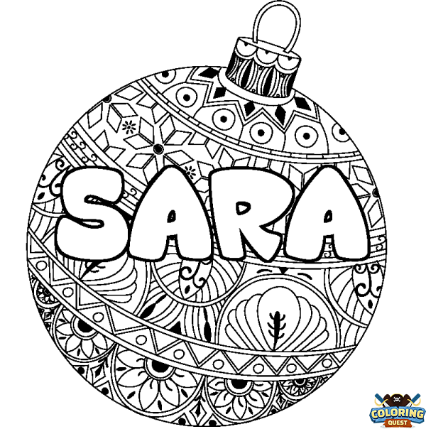 Coloring page first name SARA - Christmas tree bulb background