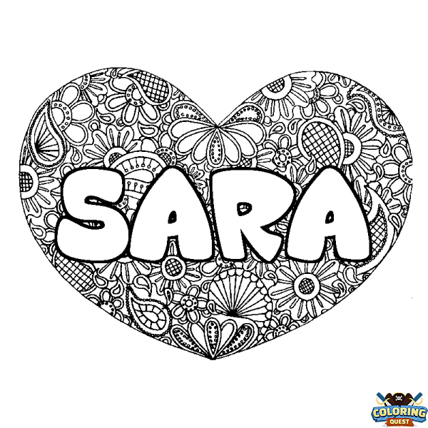 Coloring page first name SARA - Heart mandala background