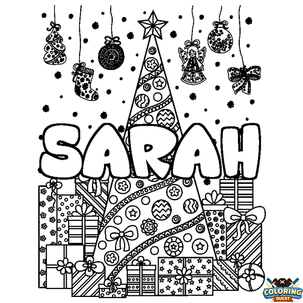 Coloring page first name SARAH - Christmas tree and presents background