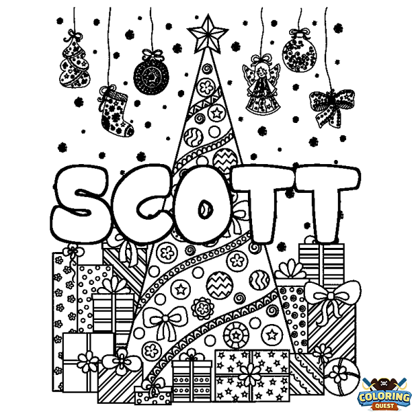 Coloring page first name SCOTT - Christmas tree and presents background