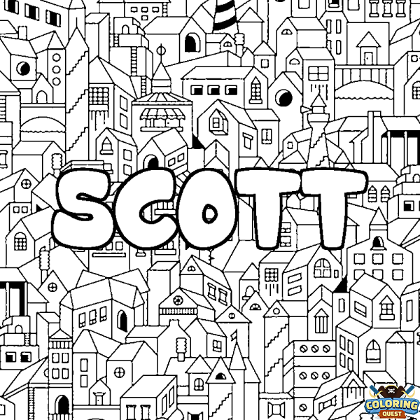 Coloring page first name SCOTT - City background