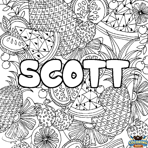 Coloring page first name SCOTT - Fruits mandala background