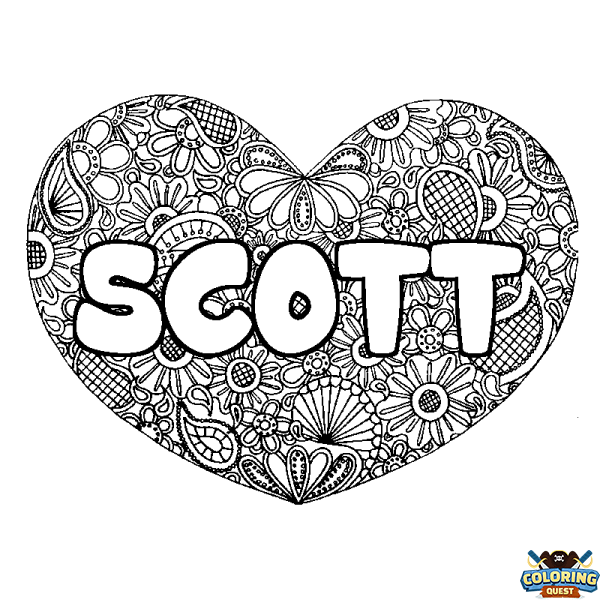Coloring page first name SCOTT - Heart mandala background