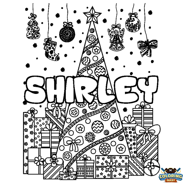 Coloring page first name SHIRLEY - Christmas tree and presents background