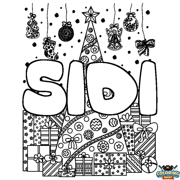 Coloring page first name SIDI - Christmas tree and presents background