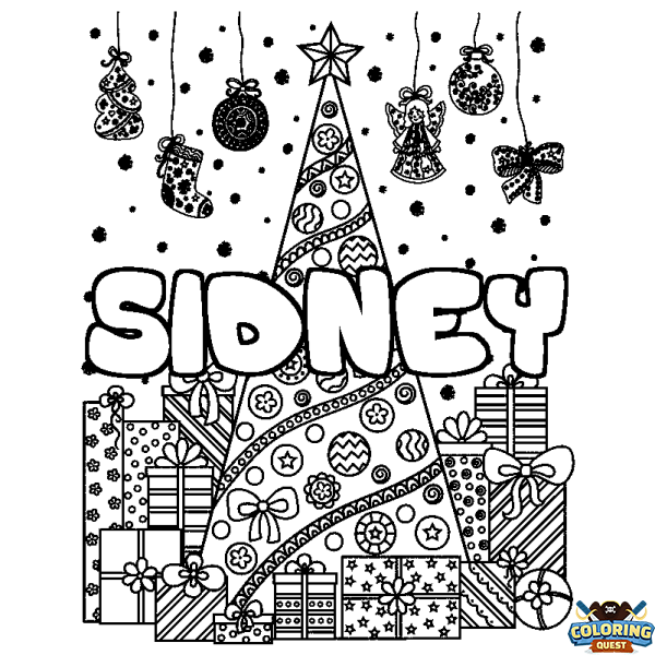 Coloring page first name SIDNEY - Christmas tree and presents background